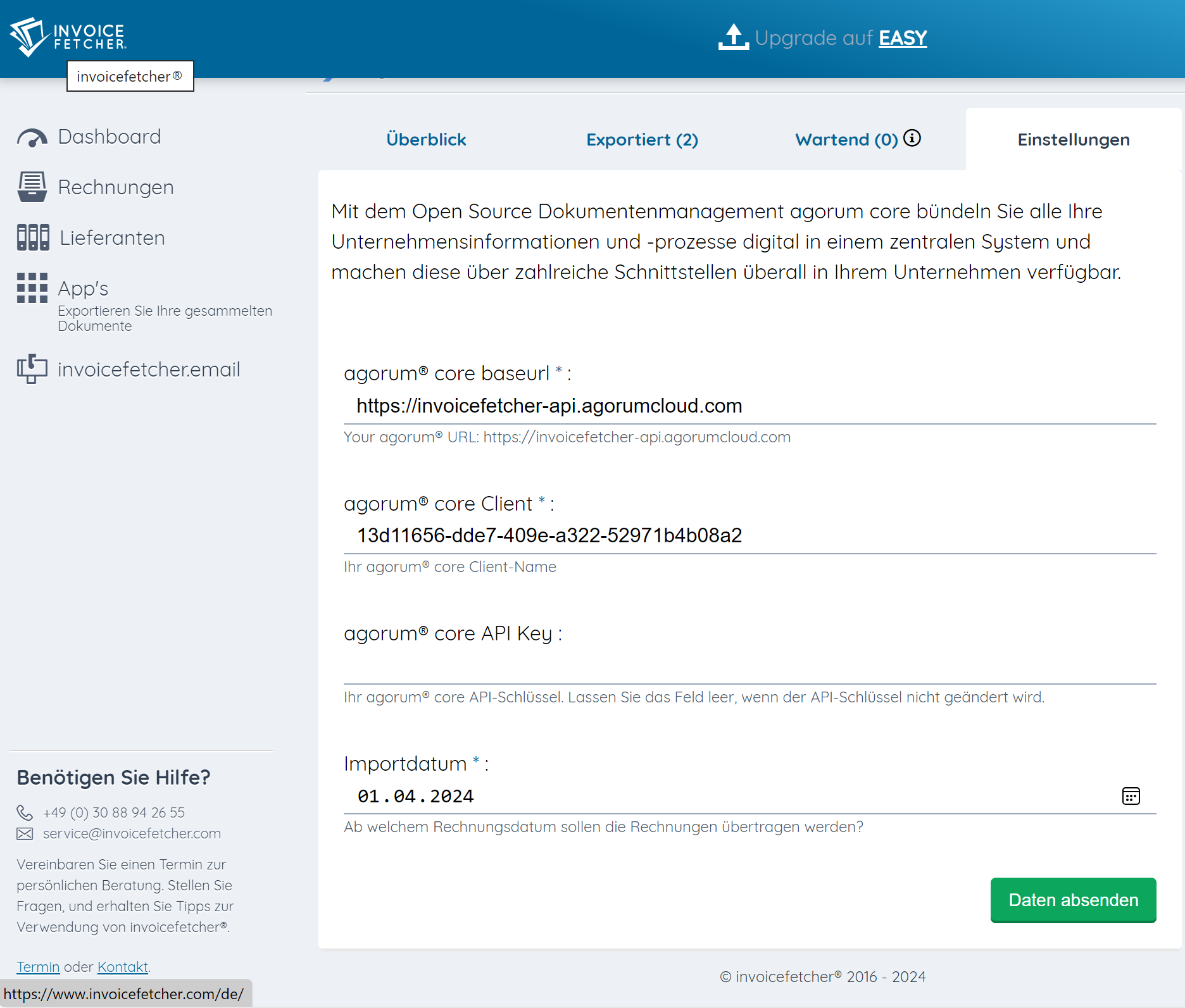 Einstellungen für agorum core in Invoicefetcher